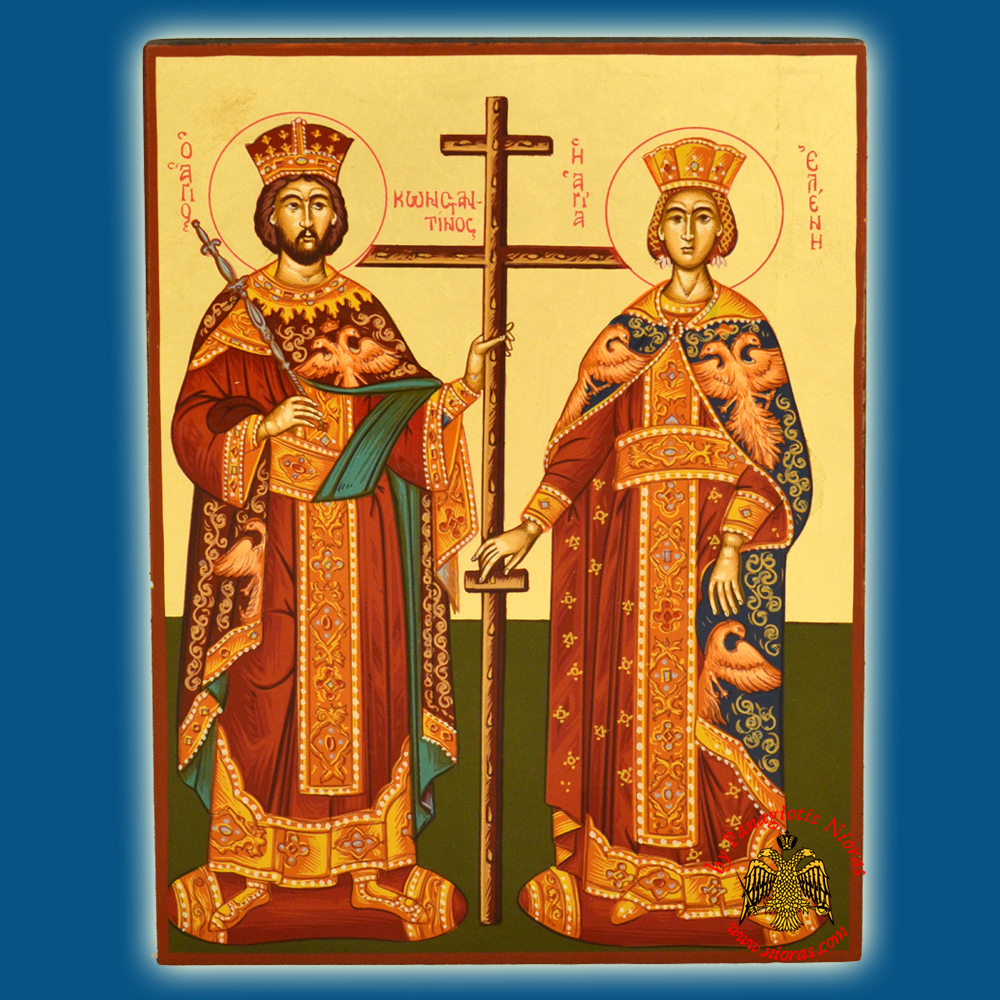 Saint Constantine and Saint Helena Byzantine Wooden Icon on Canvas