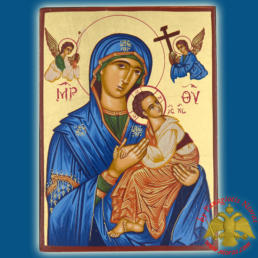 Holy Virgin Mary Panagia Amolyntos Blue Dress Byzantine Wooden Icon on Canvas