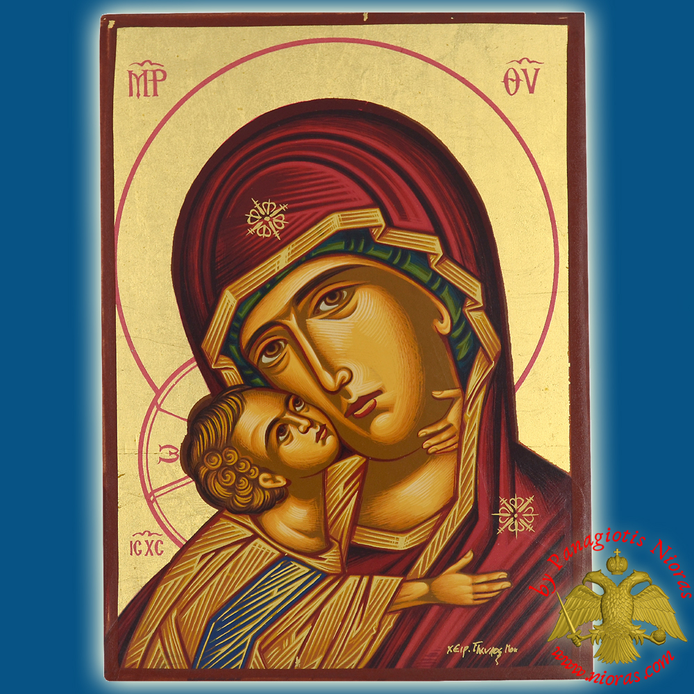 Holy Virgin Mary Panagia Sweet Kissing Detail Byzantine Wooden Icon on Canvas