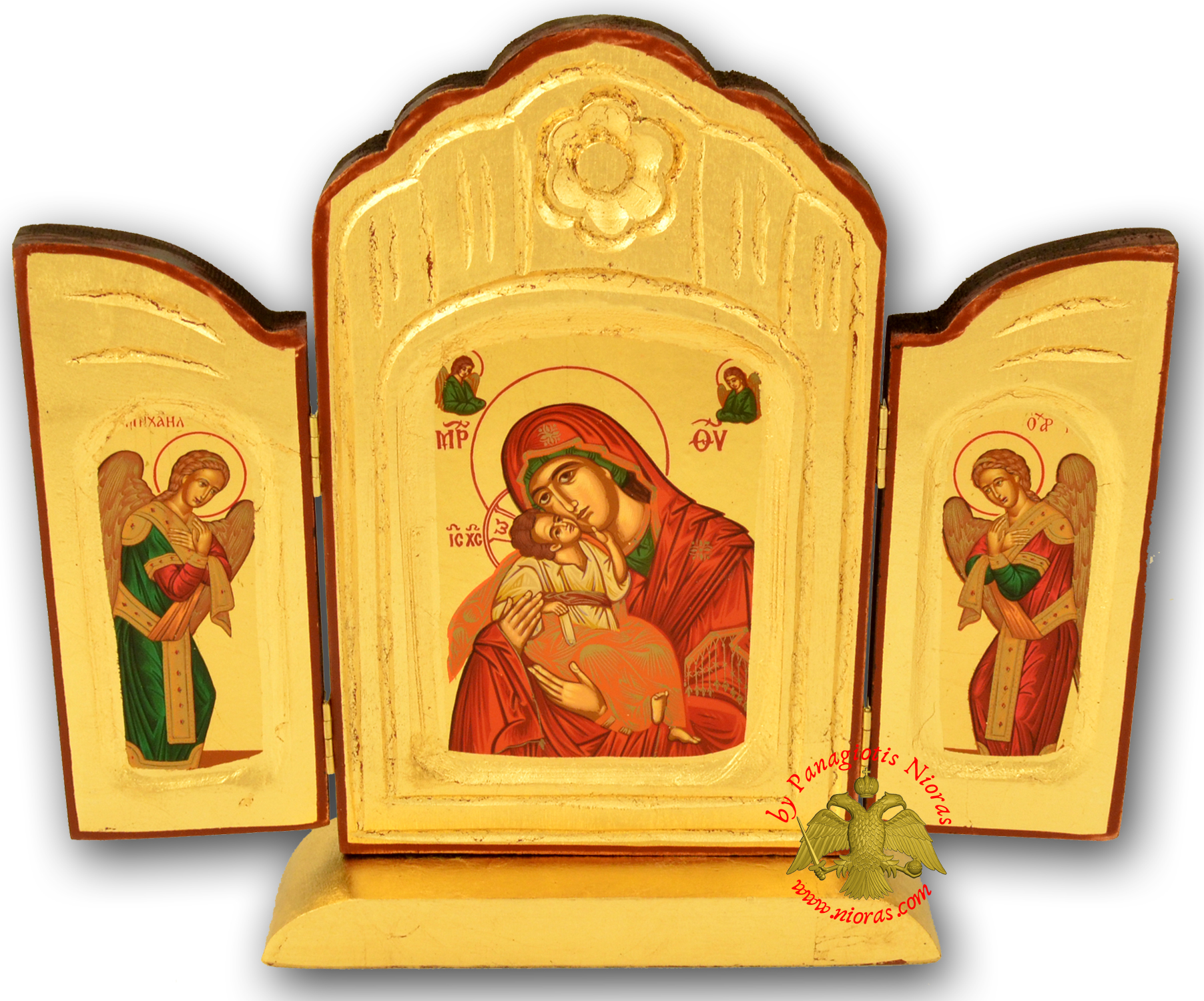 Orthodox Triptych Canvas Icon on Natural Wood with Standing Base 22x26cm