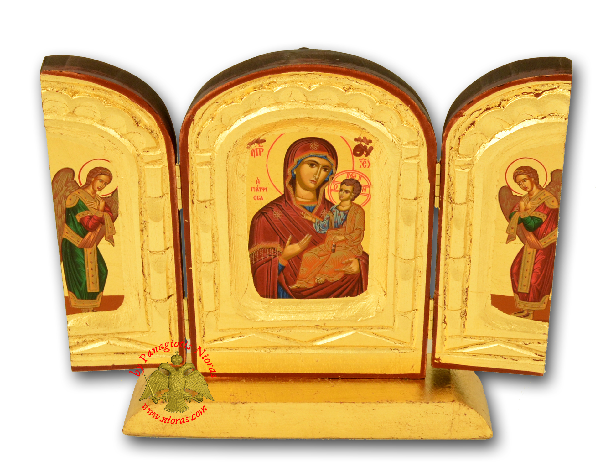 Orthodox Triptych Canvas Icon on Natural Wood with Standing Base 15x22cm