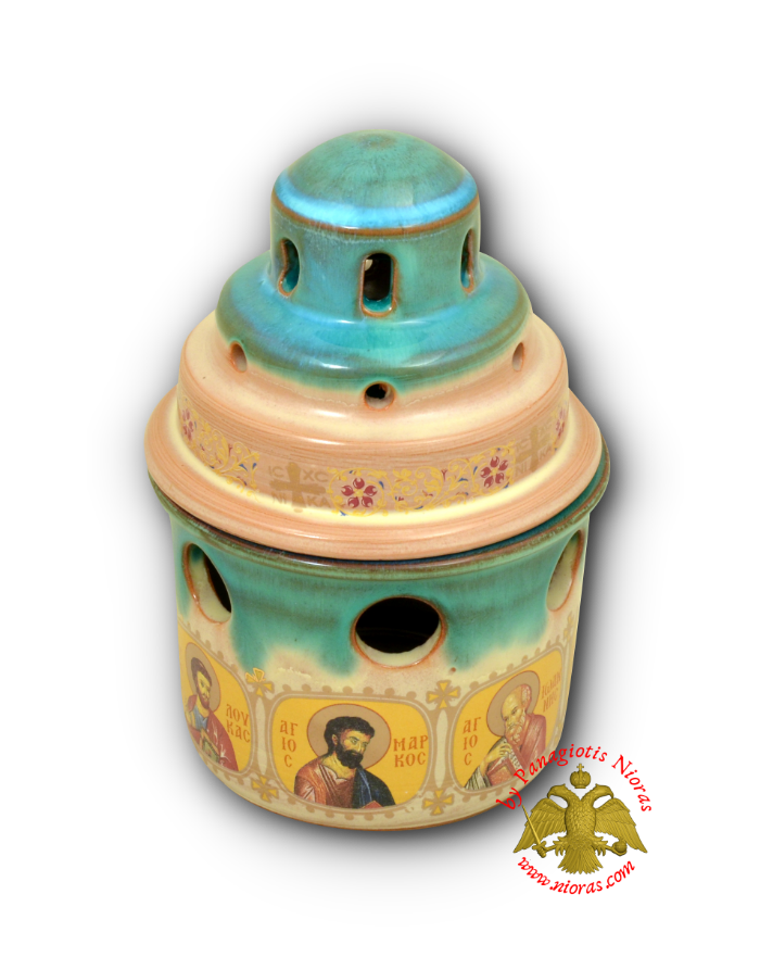 Porcelain Vigil Oil Candle Small Ark Design Turquoise with Holy Icons 10x14cm