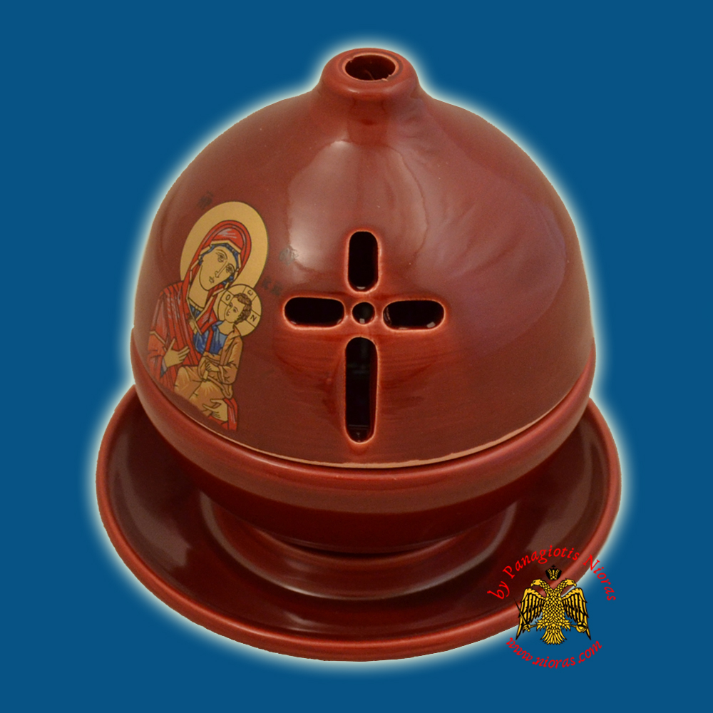 Ceramic Orthodox Theomitor with Plate Oil Candle Burqundy