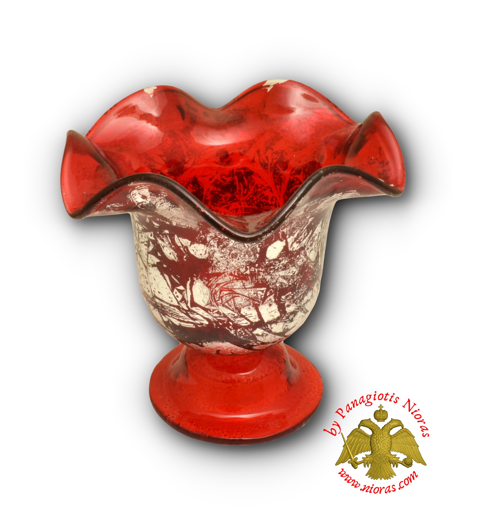 Blown Glass Vigil Oil Candle with Standing Base Red Silver 13x12cm