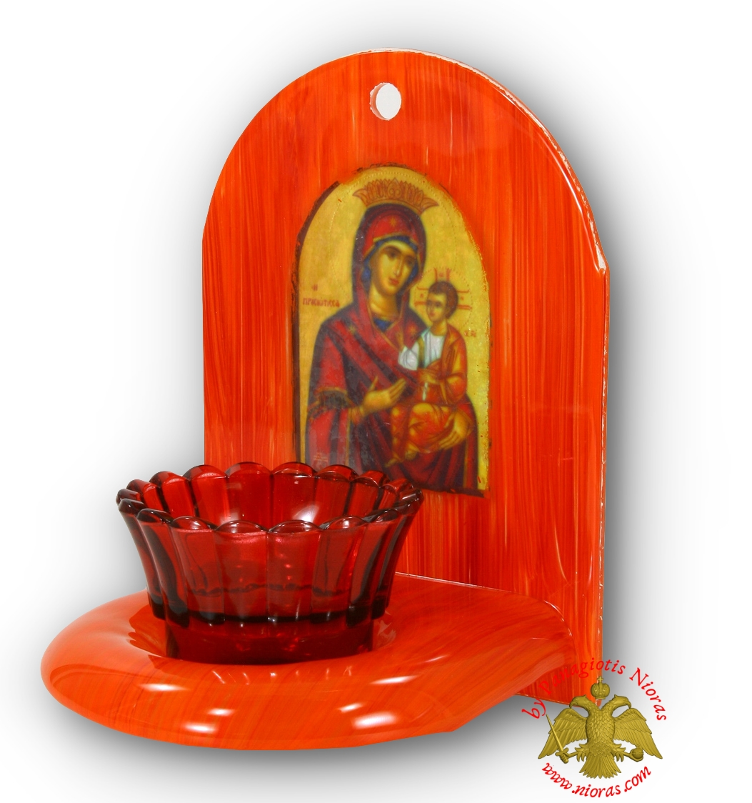 Blown Glass Oil Candle Iconostasis Theotokos Red h:20x14x13cm