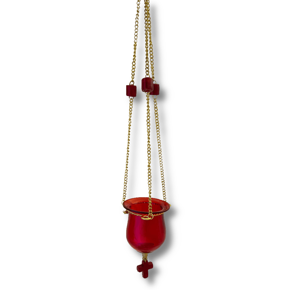 Καντήλι Κρεμαστό Χρωματιστό Γυαλί Κόκκινο με Χάνδρες Γύαλινες και Σταυρό