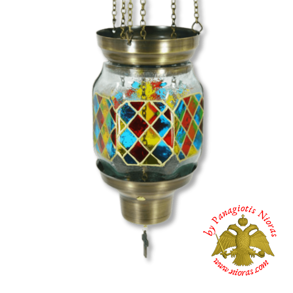 Vigil Oil Candle Hexagon Glass Fussing Stained Glass Antique with Sliding Down Metal Brass Mechanism for the Glass Cup