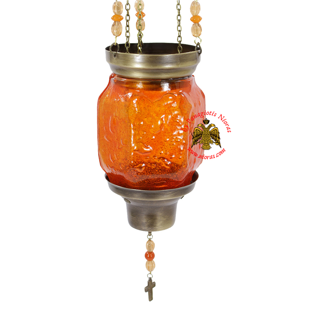 Vigil Oil Candle Hexagon Glass Fussing Orange with Sliding Down Metal Brass Mechanism for the Glass Cup