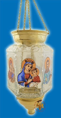 Traditional Hanging Oil Candle Hexagon Glass With Holy Icons