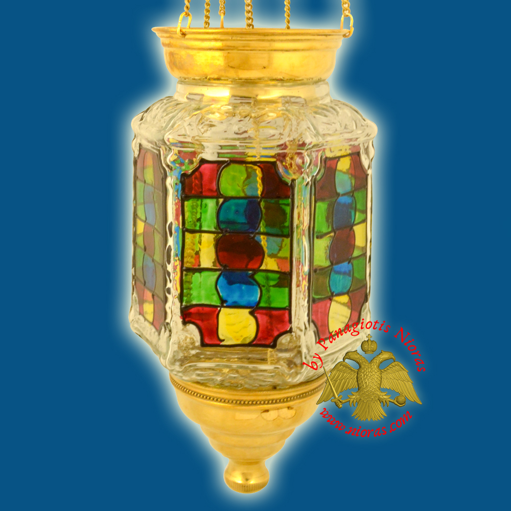 Traditional Hanging Oil Candle Hexagon Glass Hand Painted Vitro