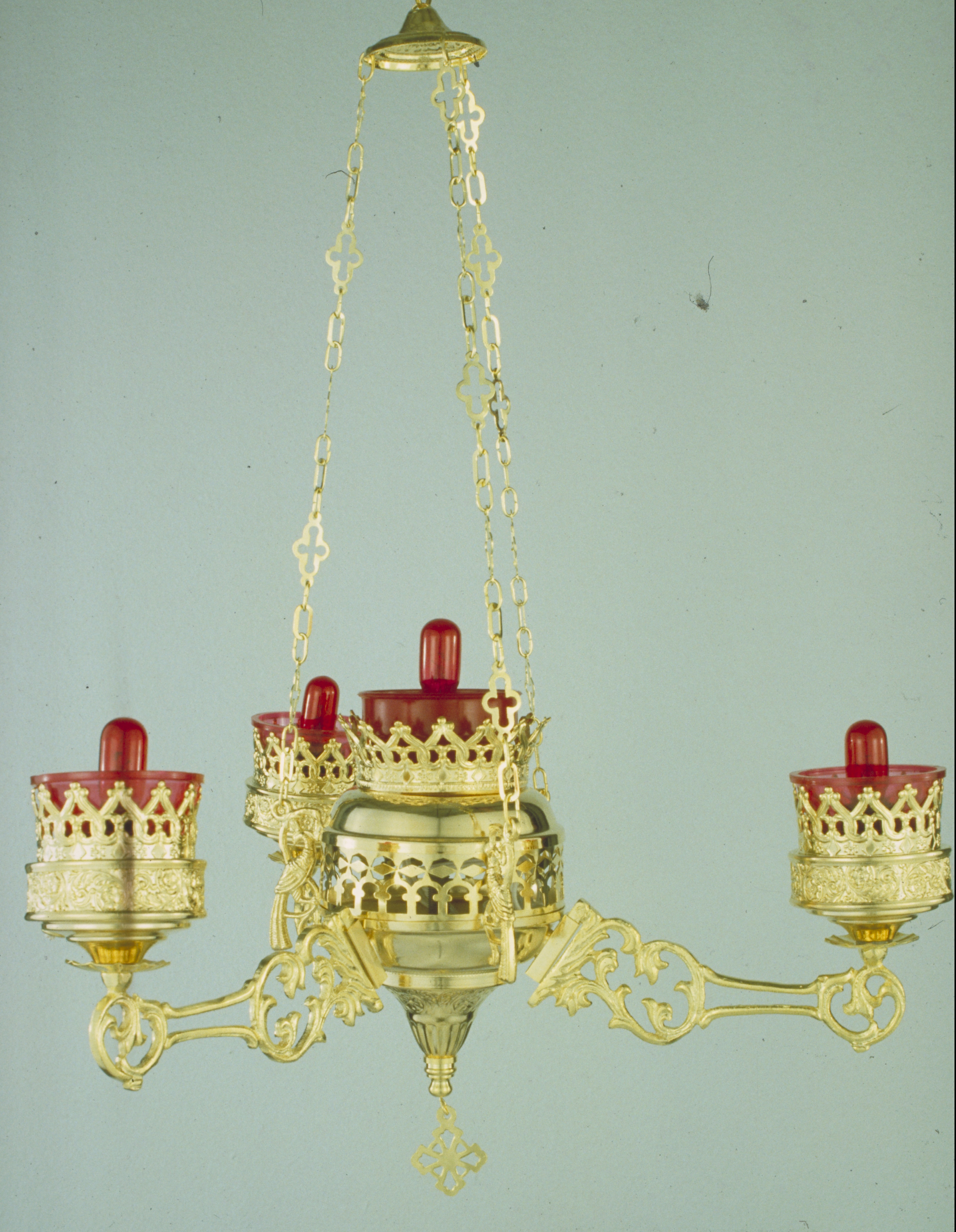 Orthodox Ecclesiastical 3-Branch Electric Hanging Oil Candles Gold Plated