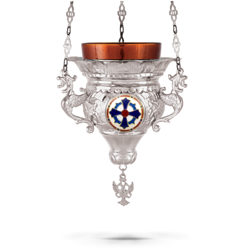 Orthodox Vigil Oil Candle Byzantine N1 Silver Plated With Cross Enamel Detail