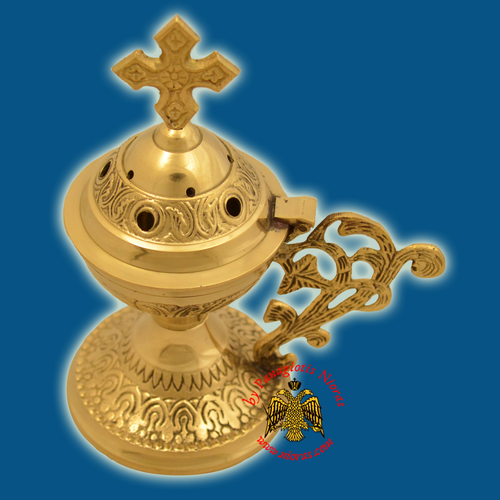 Orthodox Metal Brass Incense Burner 13cm Brass Polished With Orthodox Vine Handle