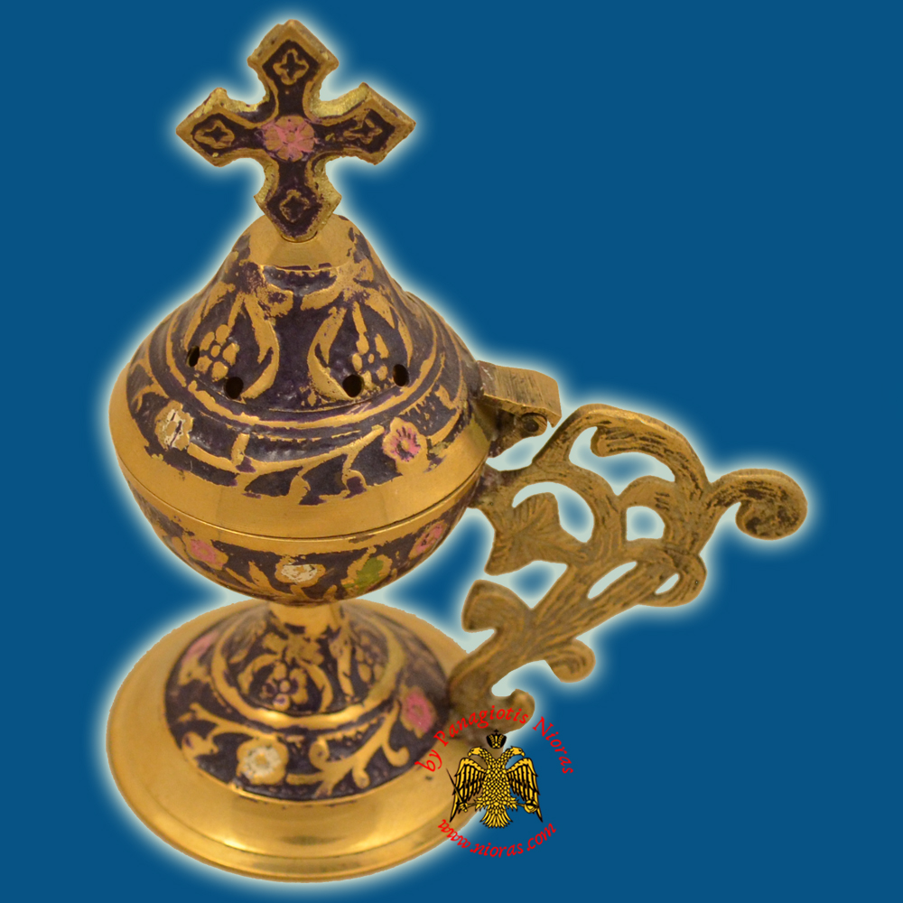 Orthodox Metal Brass Incense Burner 13cm Conical Lid With Orthodox Cross Blue Colour