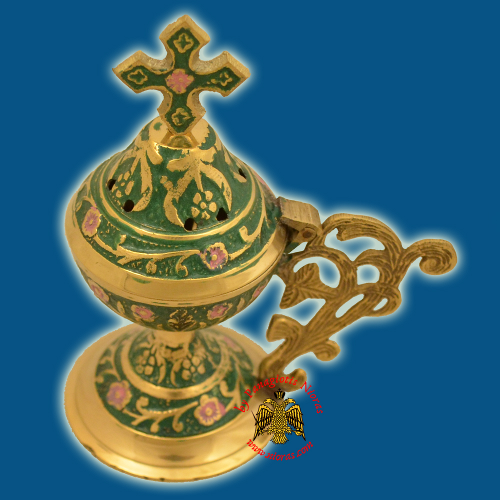 Orthodox Metal Brass Incense Burner 13cm Conical Lid With Orthodox Cross Green Colour