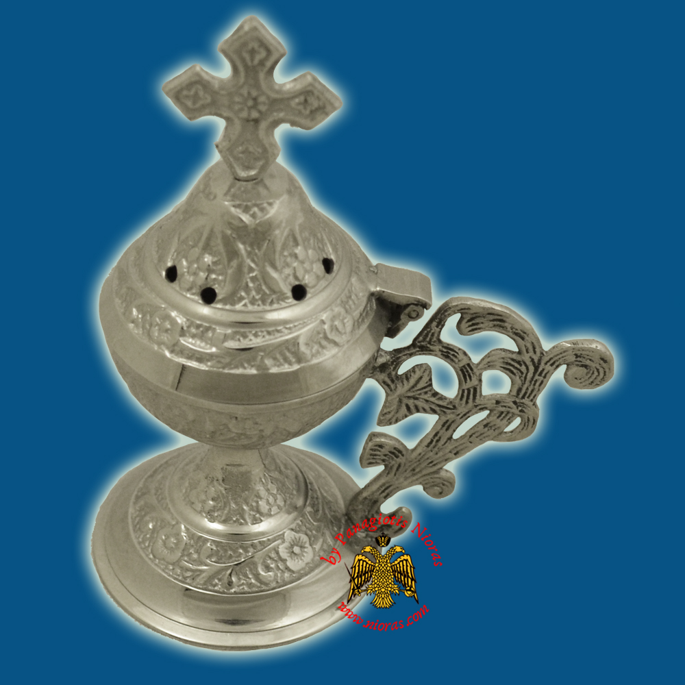 Orthodox Metal Brass Incense Burner 13cm Conical Lid With Orthodox Cross Nickel Plated