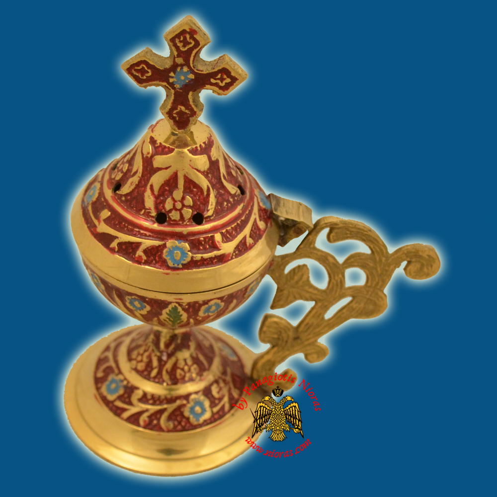 Orthodox Metal Brass Incense Burner 13cm Conical Lid With Orthodox Cross Red Colour