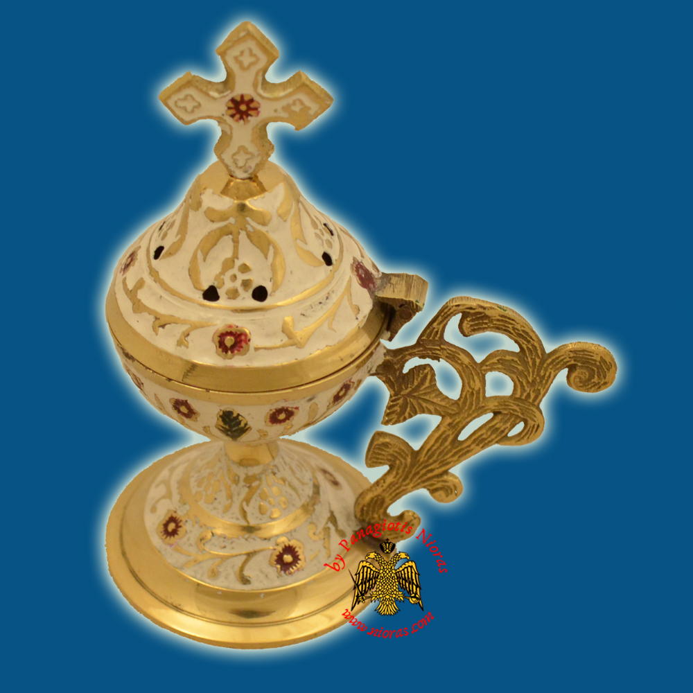 Orthodox Metal Brass Incense Burner 13cm Conical Lid With Orthodox Cross White Colour
