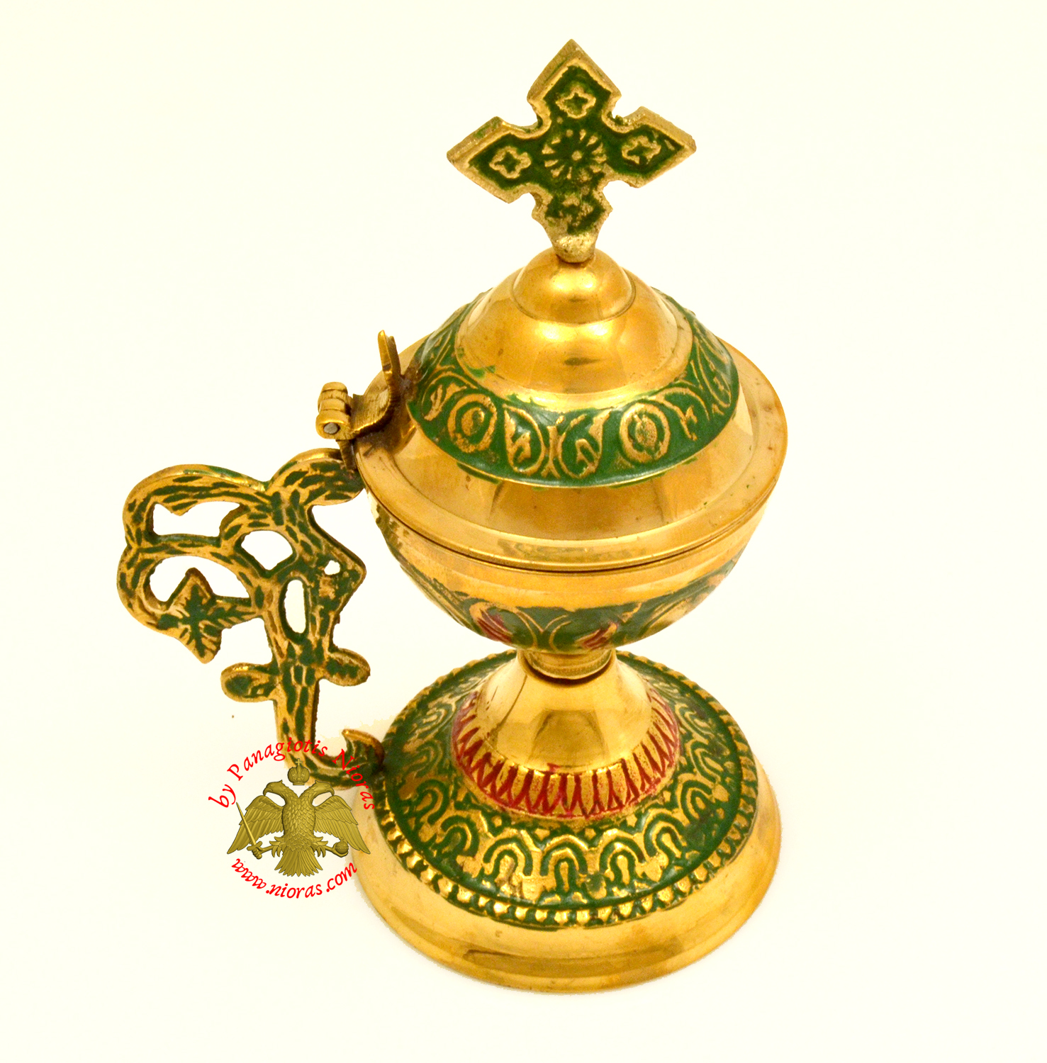 Orthodox Metal Brass Incense Burner 13.5cm With Cross Green Colour