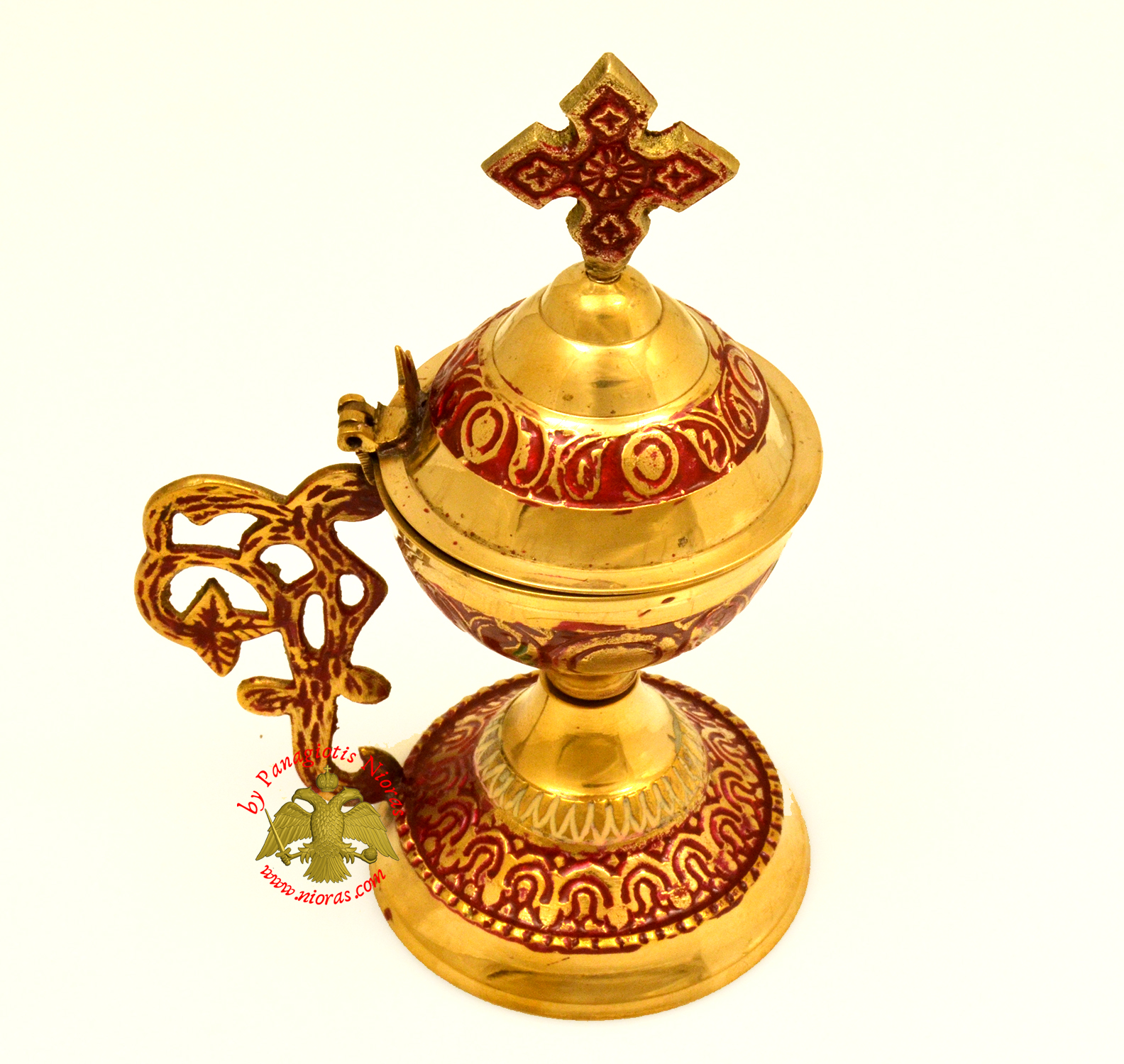 Orthodox Metal Brass Incense Burner 13.5cm With Cross Red Colour