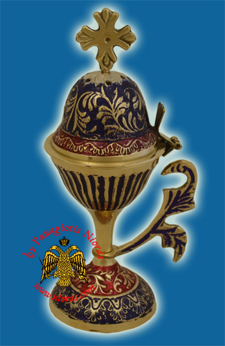 Orthodox Incense Burner Brass with Blue Details 20cm