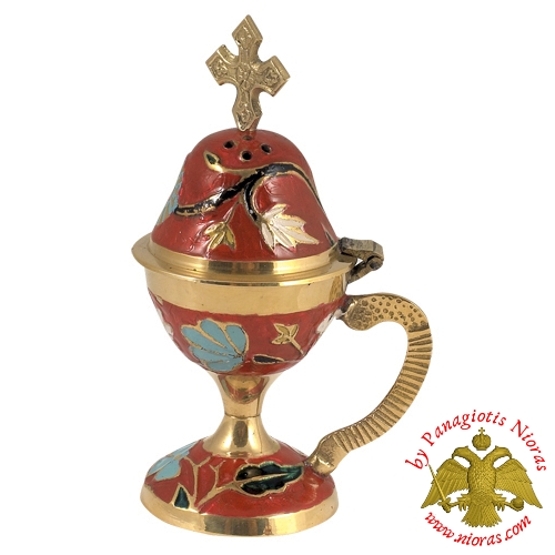 Home Orthodox Traditional Censer Brass 13cm Red Enamel