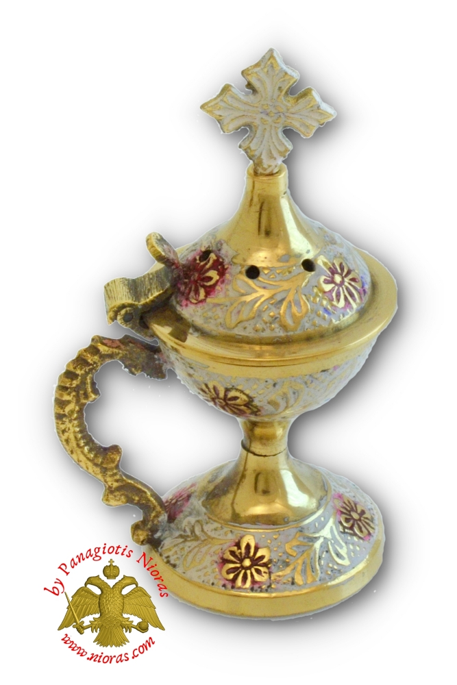 Orthodox Metal Incense Burner With Cross in the Lid 9cm Brass White