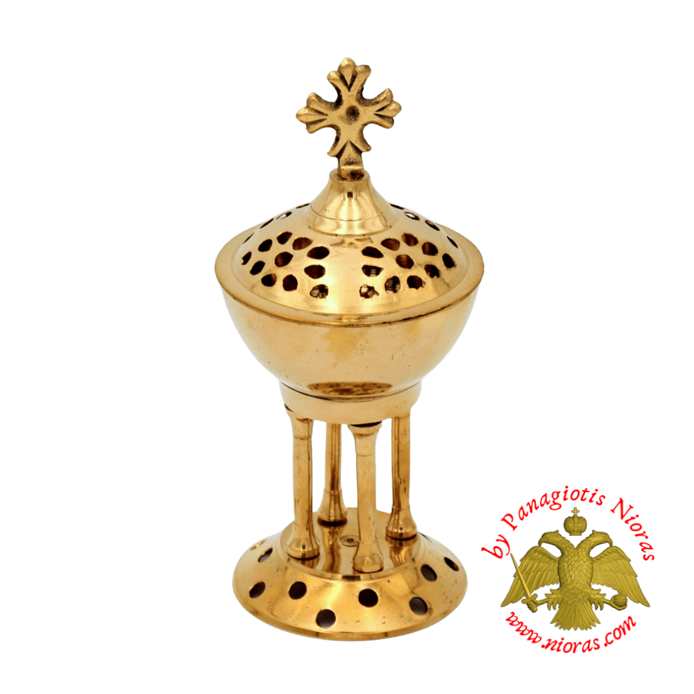 Traditional Greek Metal Brass Incense Box 4 Legs with Top Cross Lid