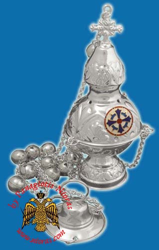 Russian Style B Silver Plated Church Censer with Enamel Cross