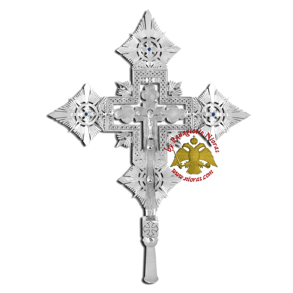 Ethiopian Coptic Exapterigon Cross Hand Made Nickel Plated with Blue Stones