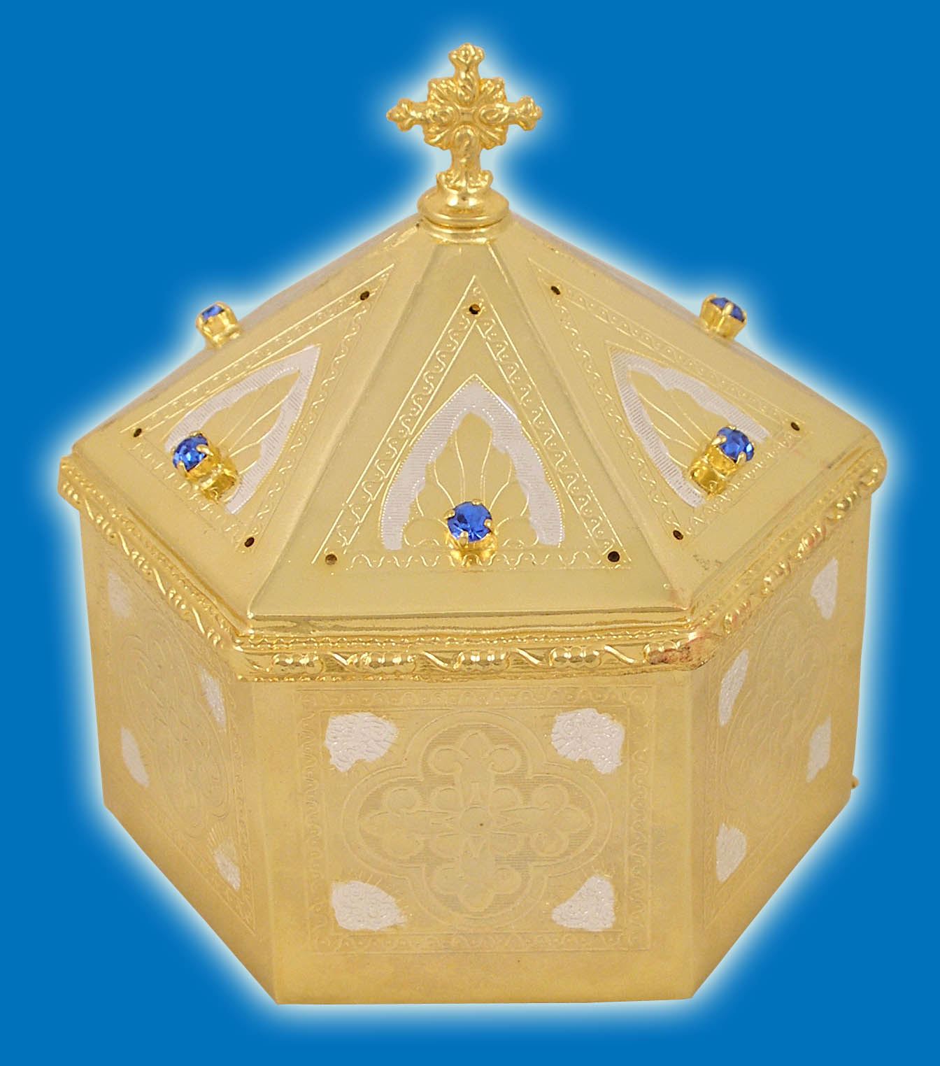 Reliquary or Relics Box - Tabernacle Hexagon Gold and Silver Plated
