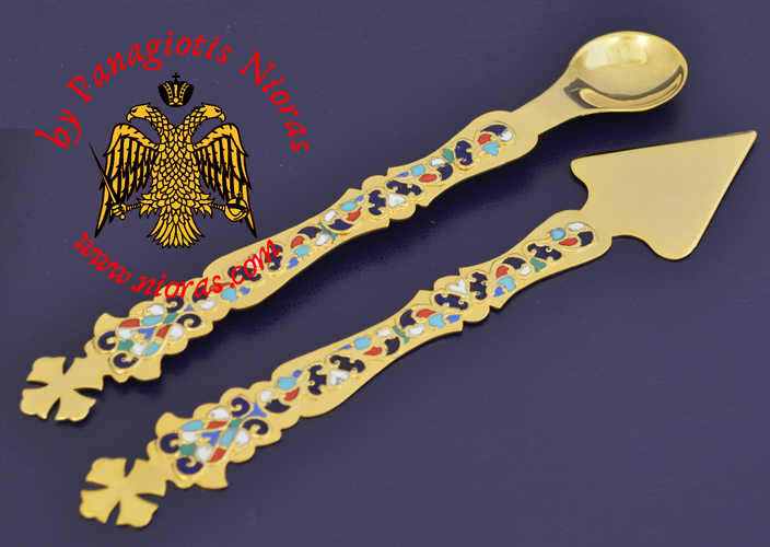 Extra Chalice Set Proskomidia Spear Lance and Holy Communion Spoon Gold Plated with Enamel Motives
