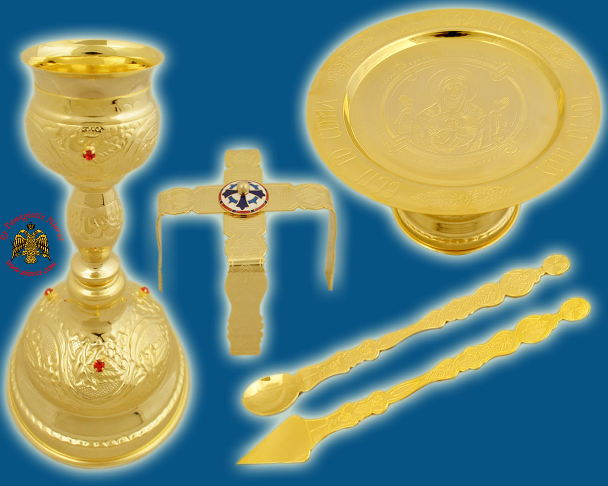 Ecclesiastical Chalice Set Holy Communion Cup 330ml with Red Stones Gold Plated Made in Greece
