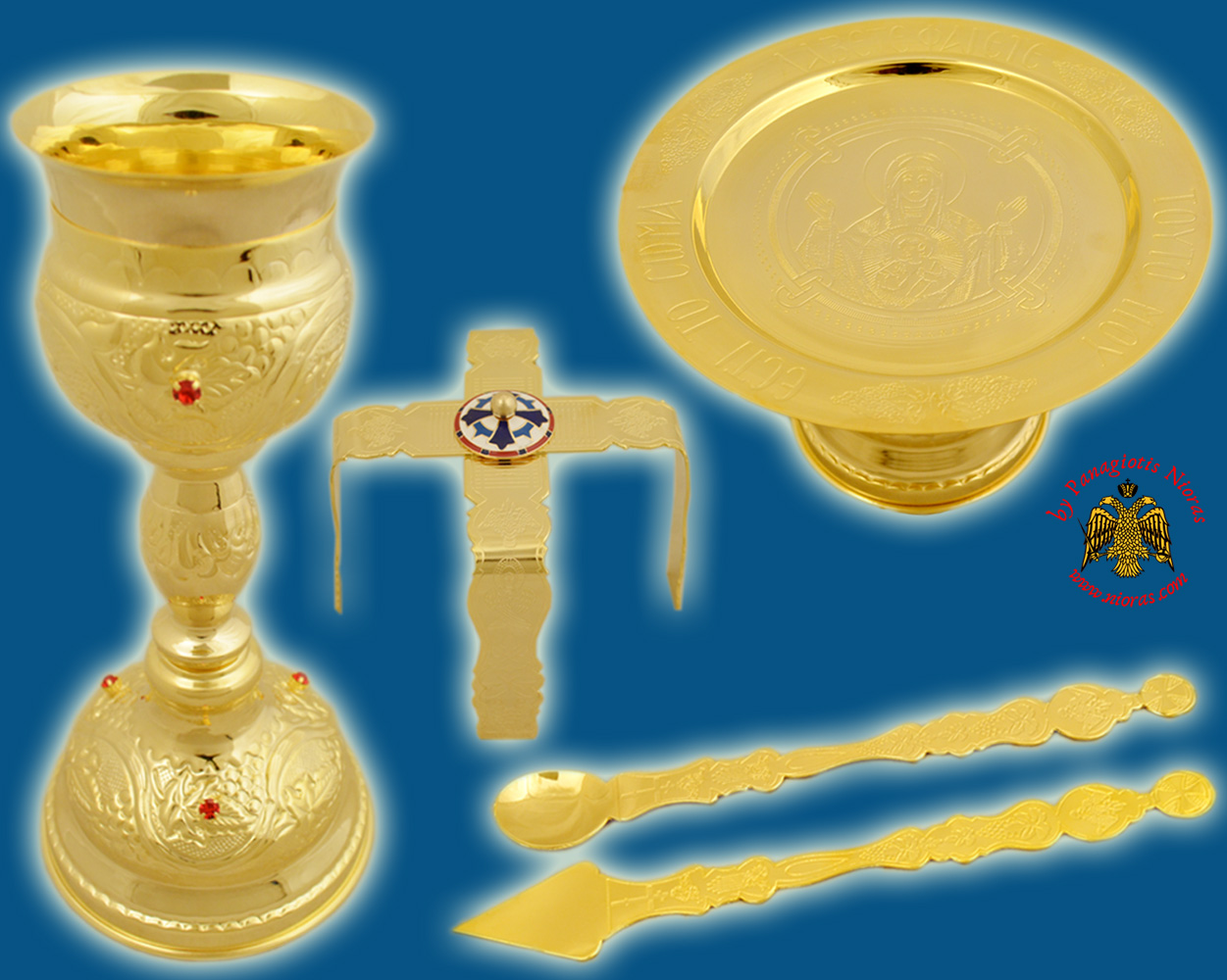Ecclesiastical Chalice Set Holy Communion Cup 275ml with Red Stones Gold Plated Made in Greece