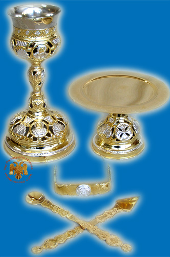 Chalice Set Byzantine Style With Saints A\' Cut Gold & Silver Plated