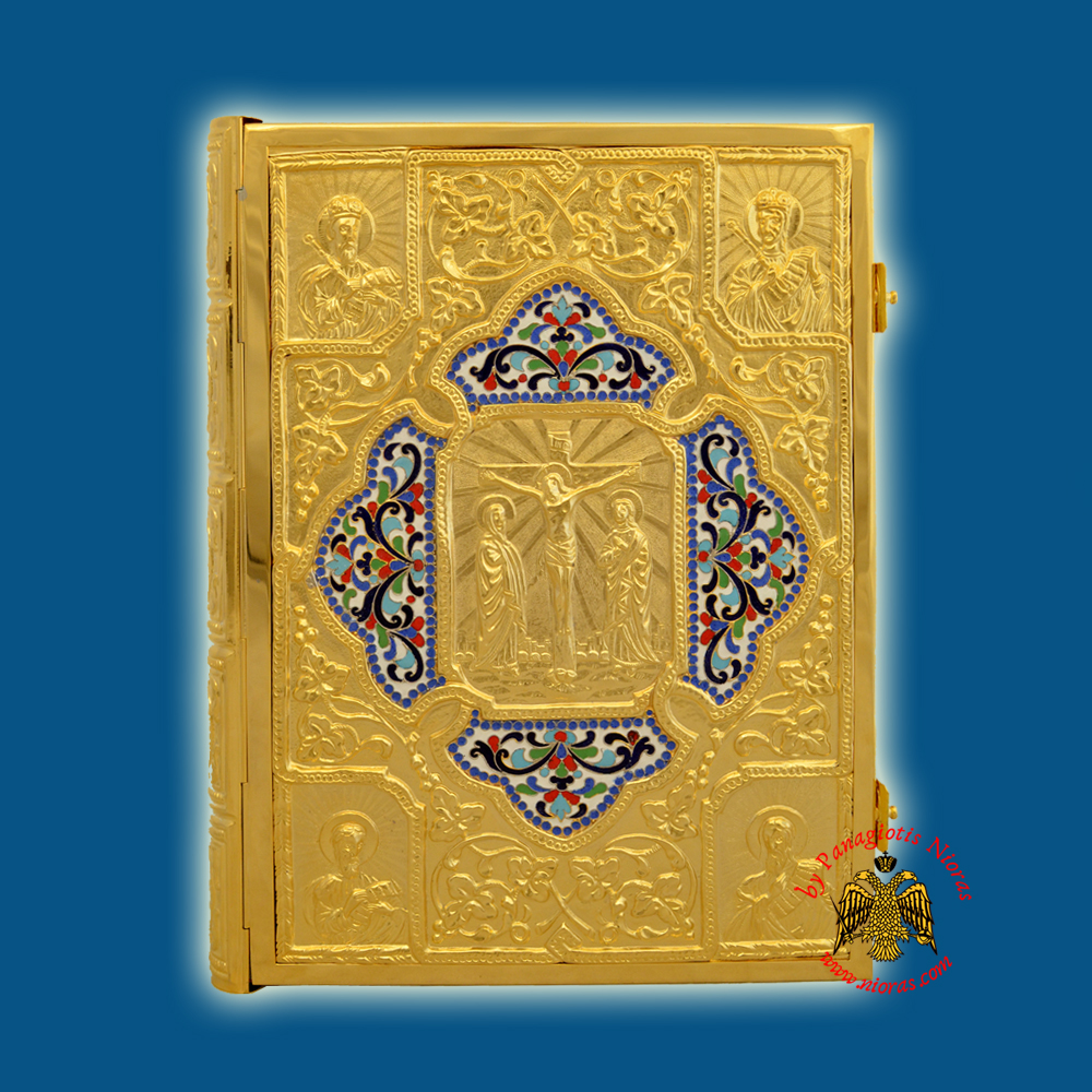 Embossed Orthodox Metal Enamel Cross Gospel Cover Gold Plated 35x6x25cm