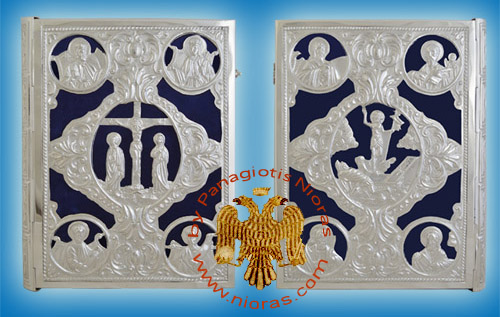 Embossed Sculptured Orthodox Gospel Cover A With Blue Velvet Silver 925 35x6x25cm