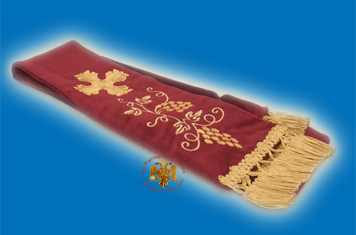 Gospel Ribbon Orthodox Gold-embroidered Design Cross with Grapes in Burgundy Velvet