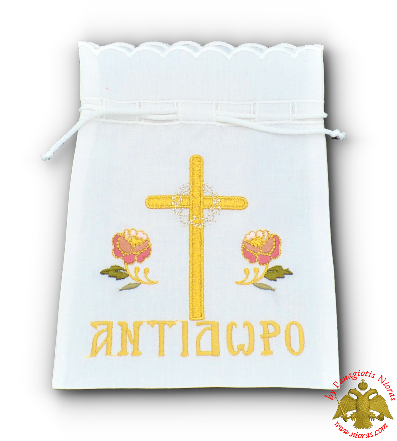Orthodox Antidoron Gold Thread Cross Cotton Pouch Case With Cord