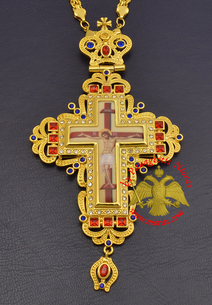 Orthodox Pectoral Christ Cross Gold Plated with Colored Stones 6x15,5cm