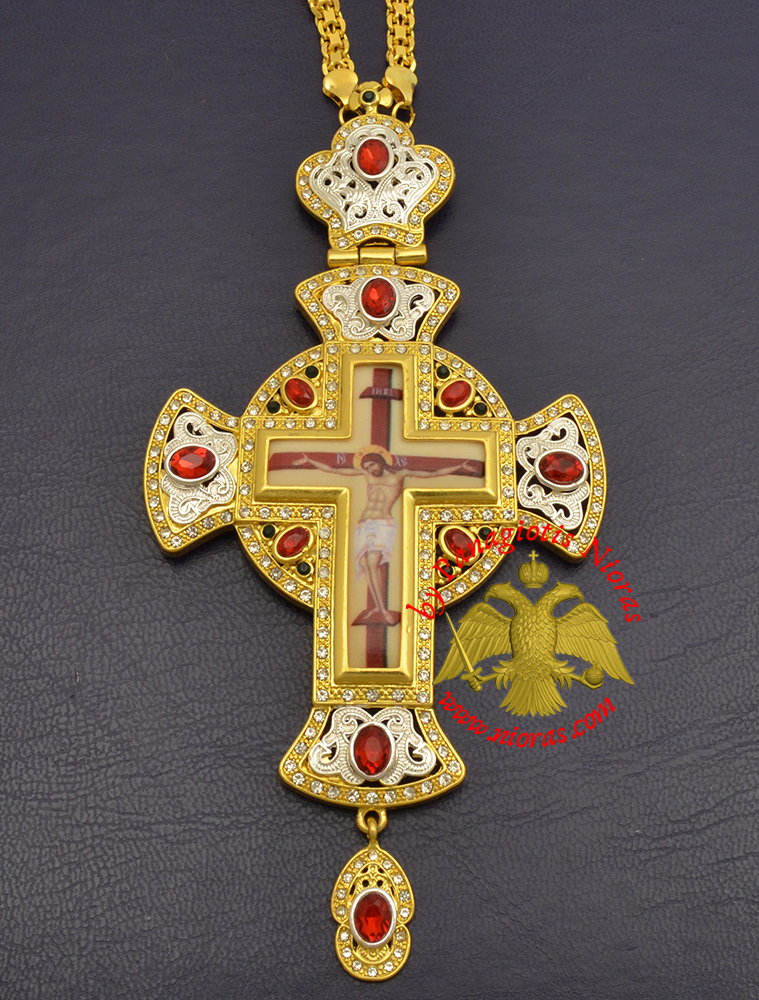 Orthodox Pectoral Christ Cross Gold & Silver Plated with Colored Stones 6x15,5cm