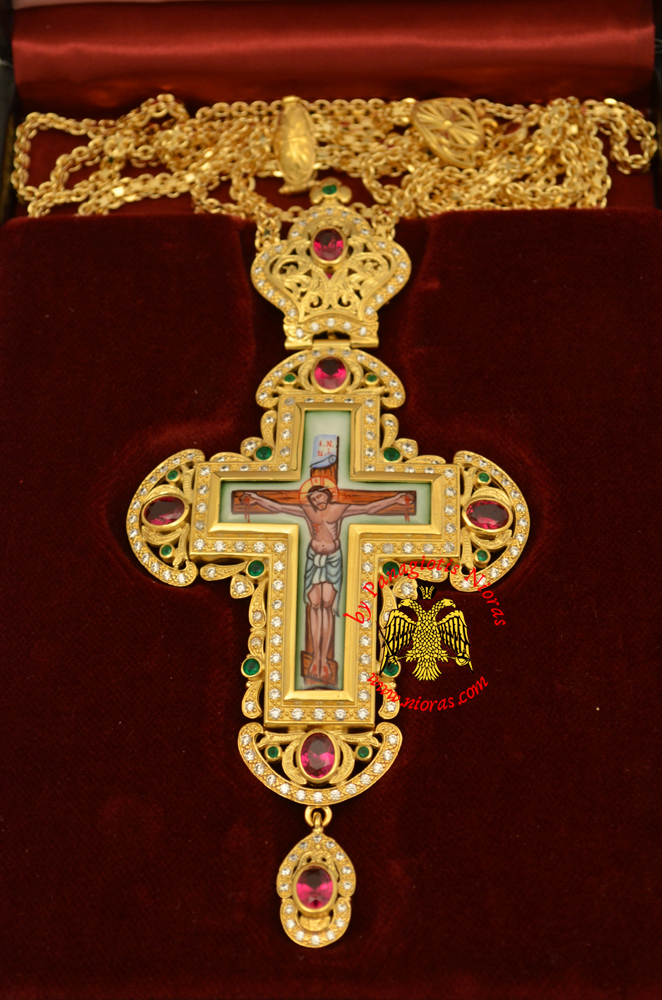 Pectoral Cross Orthodox Enamel Christ Figure Gold Plated With Semi Precious Stones