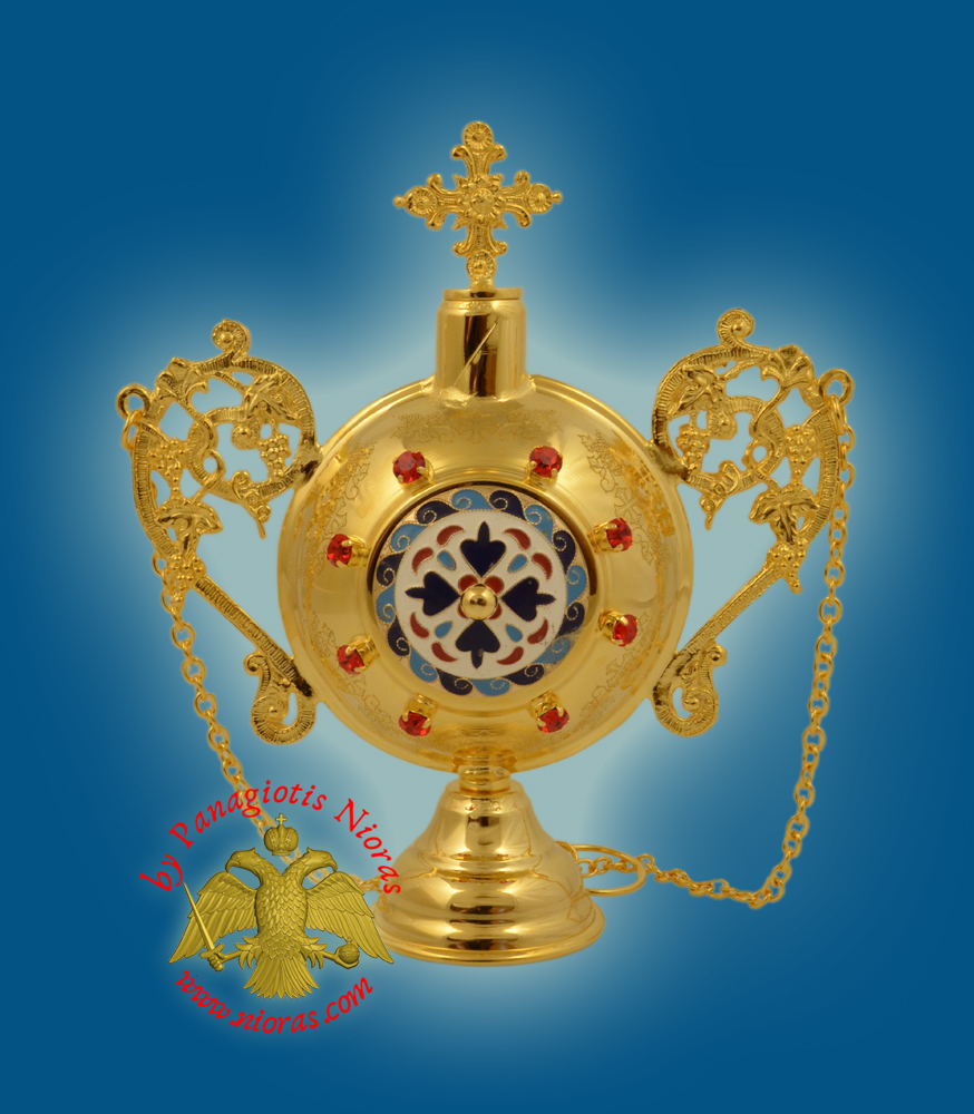 Anointing Holy Oil Round Bottle With Orthodox Cross Round Enamel Gold plated