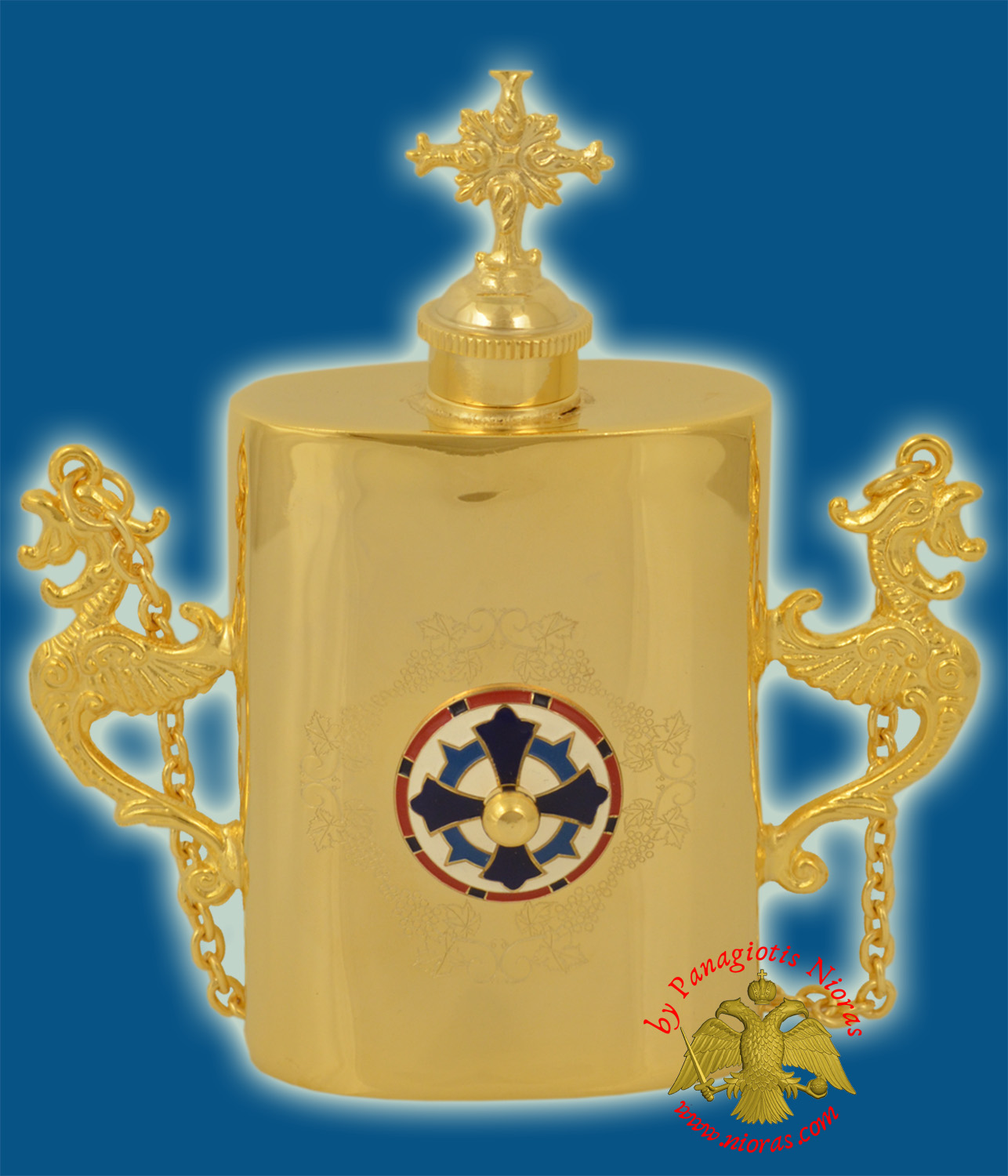 Anointing Holy Oil Gold Plated Metal Vessel With Orthodox Cross Enamel With Vine Engravings