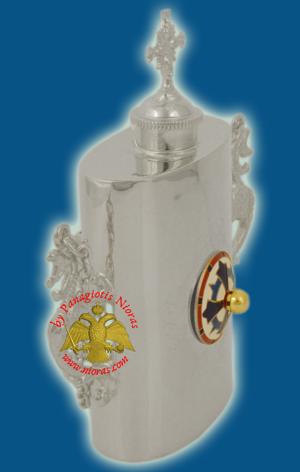 Anointing Holy Oil Silver Plated Metal Vessel With Orthodox Cross Enamel With Vine Engravings