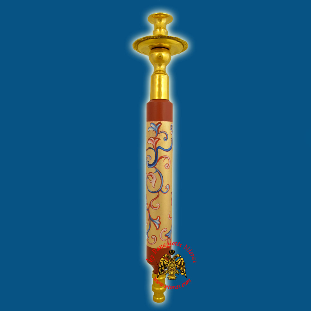 Processional Candlestick Orthodox Painted Wooden Poll 45cm Gold Plated