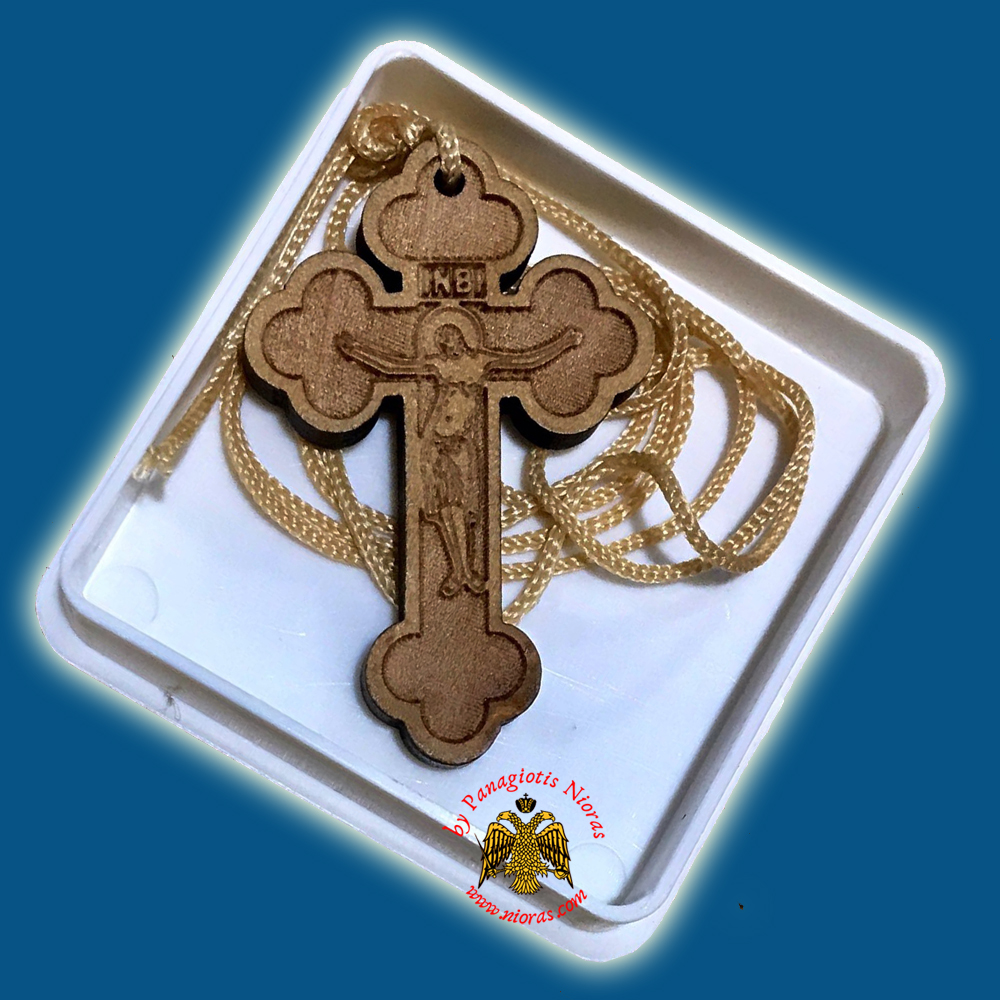 Orthodox Engraved Wooden Neckwear Cross C with Cord in Plastic Box