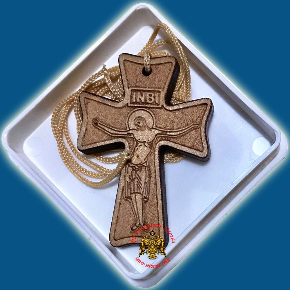 Orthodox Engraved Wooden Neckwear Cross D with Cord in Plastic Box