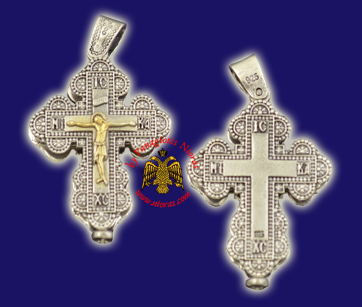Παραδοσιακός Ορθόδοξος Ασημένιος 925 Βυζαντινός Σταυρός Μεγάλος με Επίχρυσες λεπτομέρειες - 703