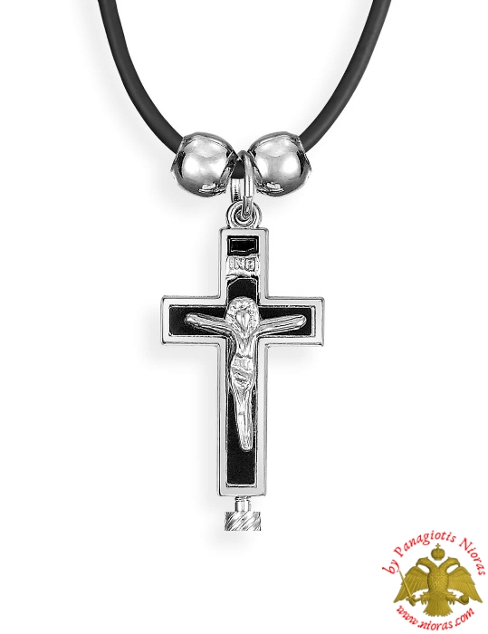 Metal Orthodox Cross for ReliquaryNickel with Black Neck Cord